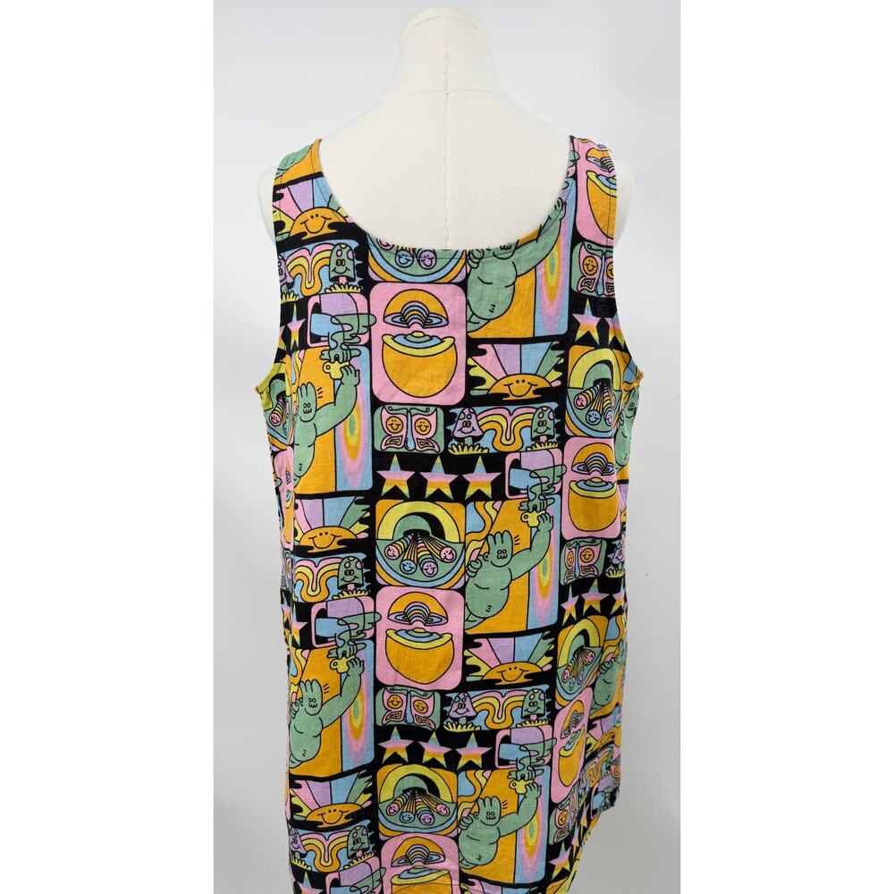 Nooworks Dreyfus 100% Linen Dress Black Rainbow Mushroom Tank Whimsical L - Picture 4 of 11